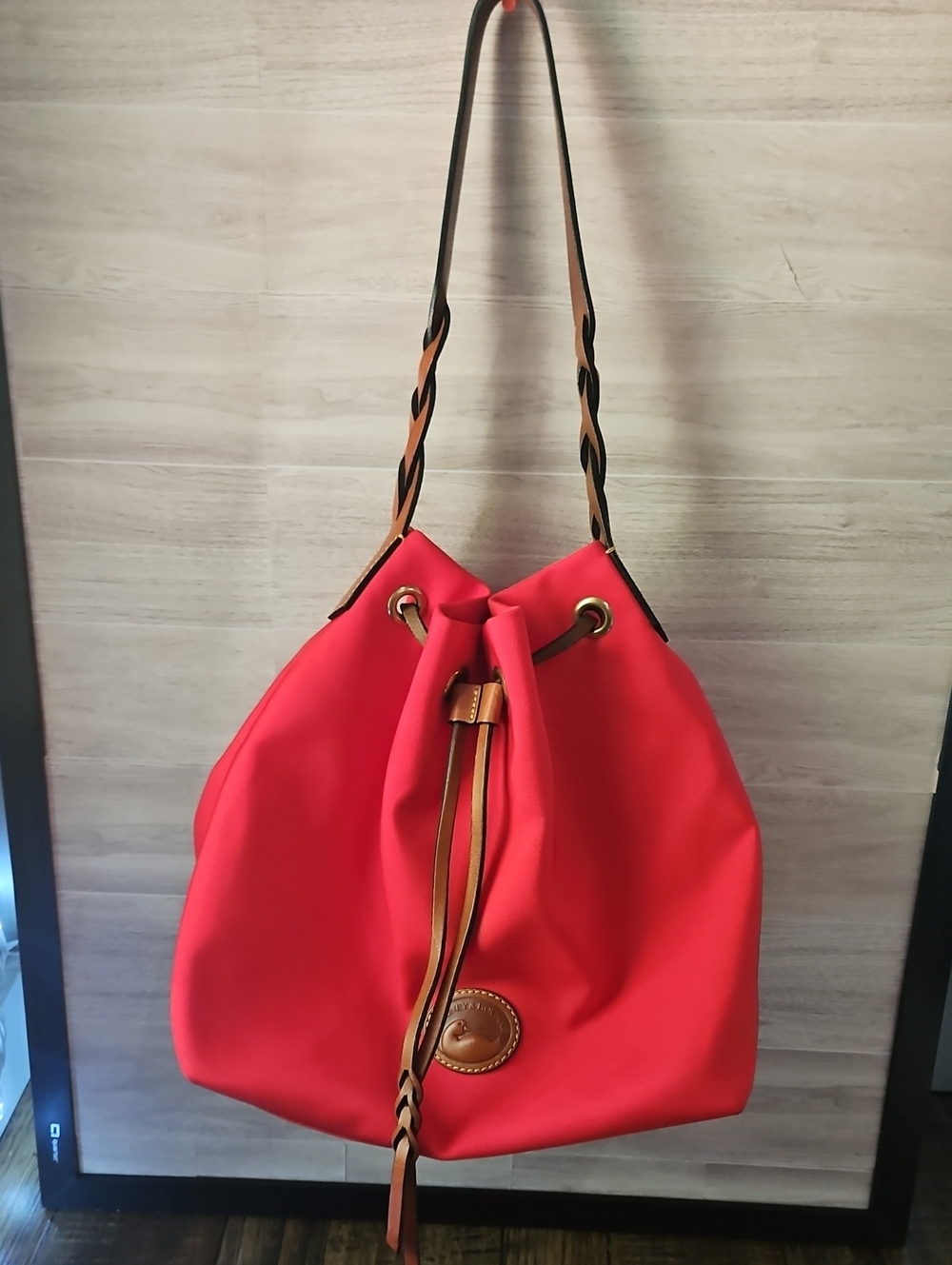 Dooney And Bourke Red Canvas And Leather Drawstring Bucket Bag. Like New!